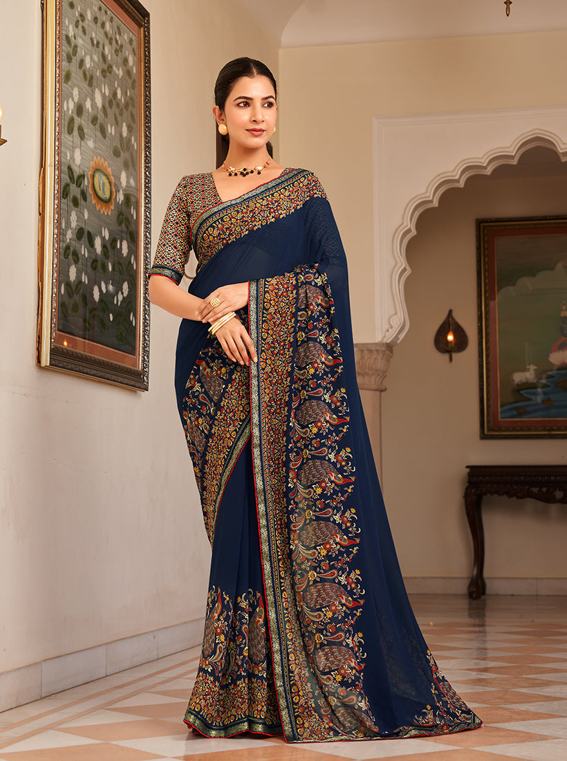 Monjolika Fashion Navy Blue Paisley Print Georgette Designer Saree