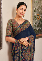 Monjolika Fashion Navy Blue Paisley Print Georgette Designer Saree