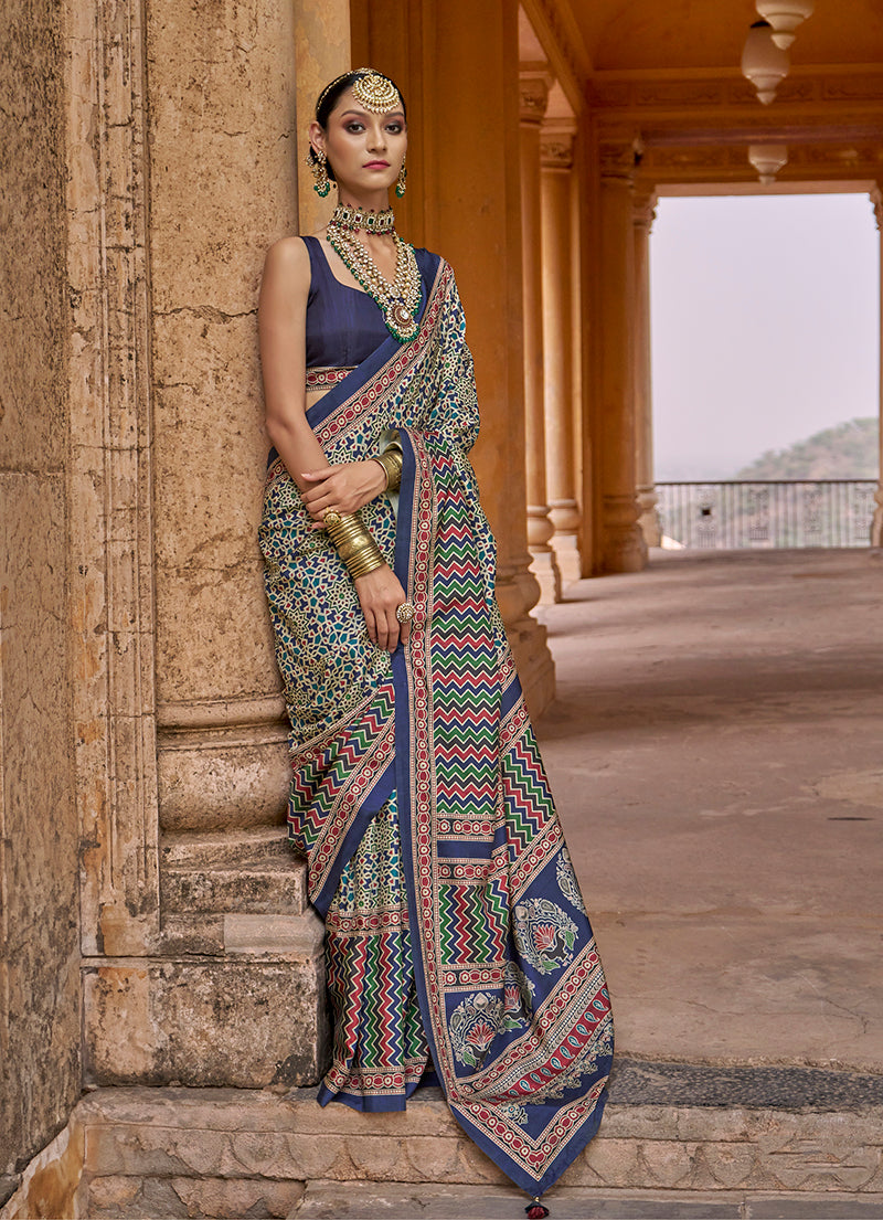 Monjolika Fashion Silk Blend Navy Blue Block Print Classic Saree