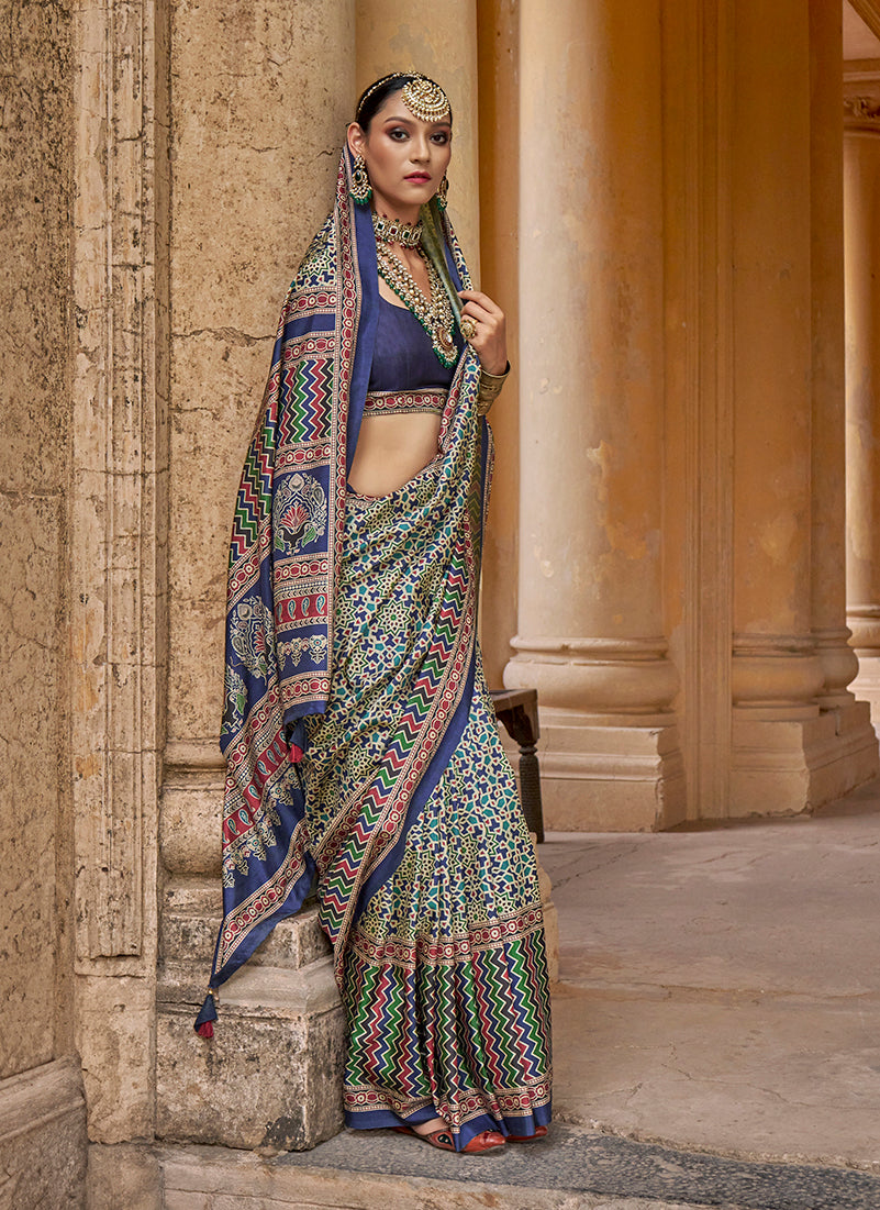 Monjolika Fashion Silk Blend Navy Blue Block Print Classic Saree