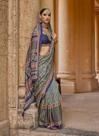 Monjolika Fashion Silk Blend Navy Blue Block Print Classic Saree