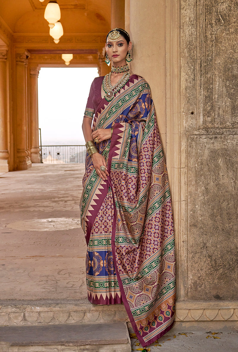 Monjolika Fashion Multicolour Block Print Silk Blend Designer Saree