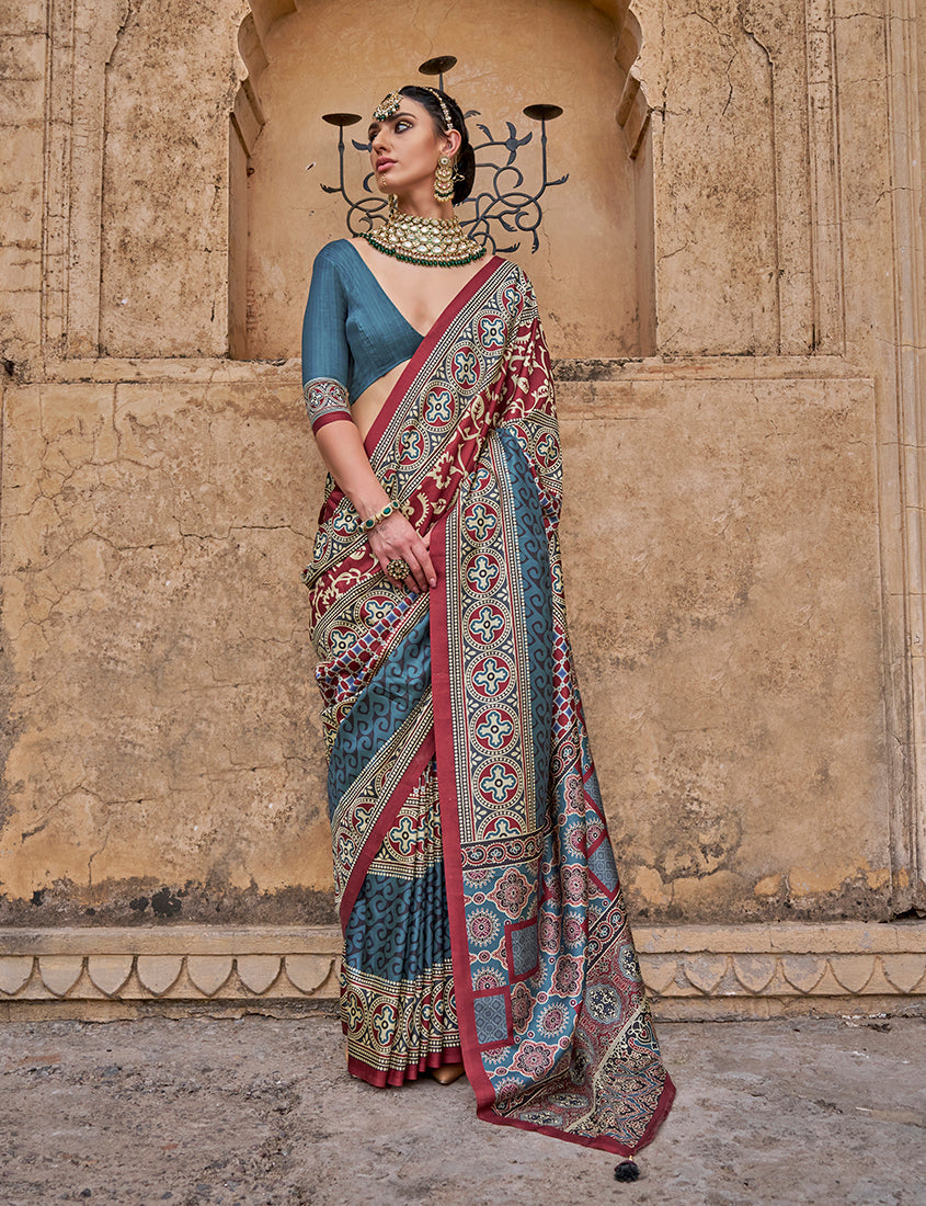 Monjolika Fashion Silk Blend Multicolour Block Print Traditional Saree
