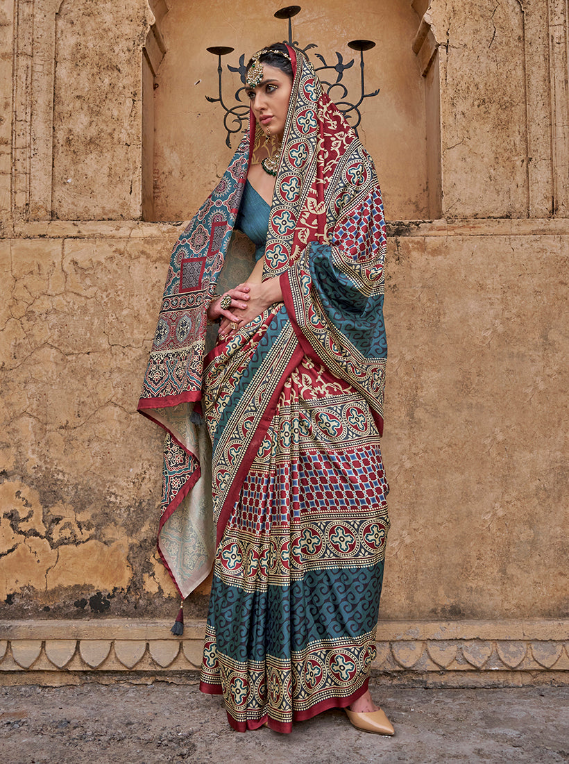 Monjolika Fashion Silk Blend Multicolour Block Print Traditional Saree