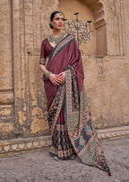 Monjolika Fashion Paisley Print Wine Silk Blend Trendy Saree