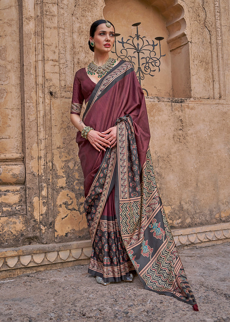 Monjolika Fashion Paisley Print Wine Silk Blend Trendy Saree