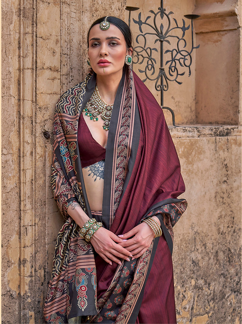 Monjolika Fashion Paisley Print Wine Silk Blend Trendy Saree