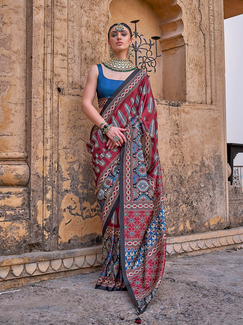 Monjolika Fashion Paisley Print Maroon Silk Blend Trendy Saree
