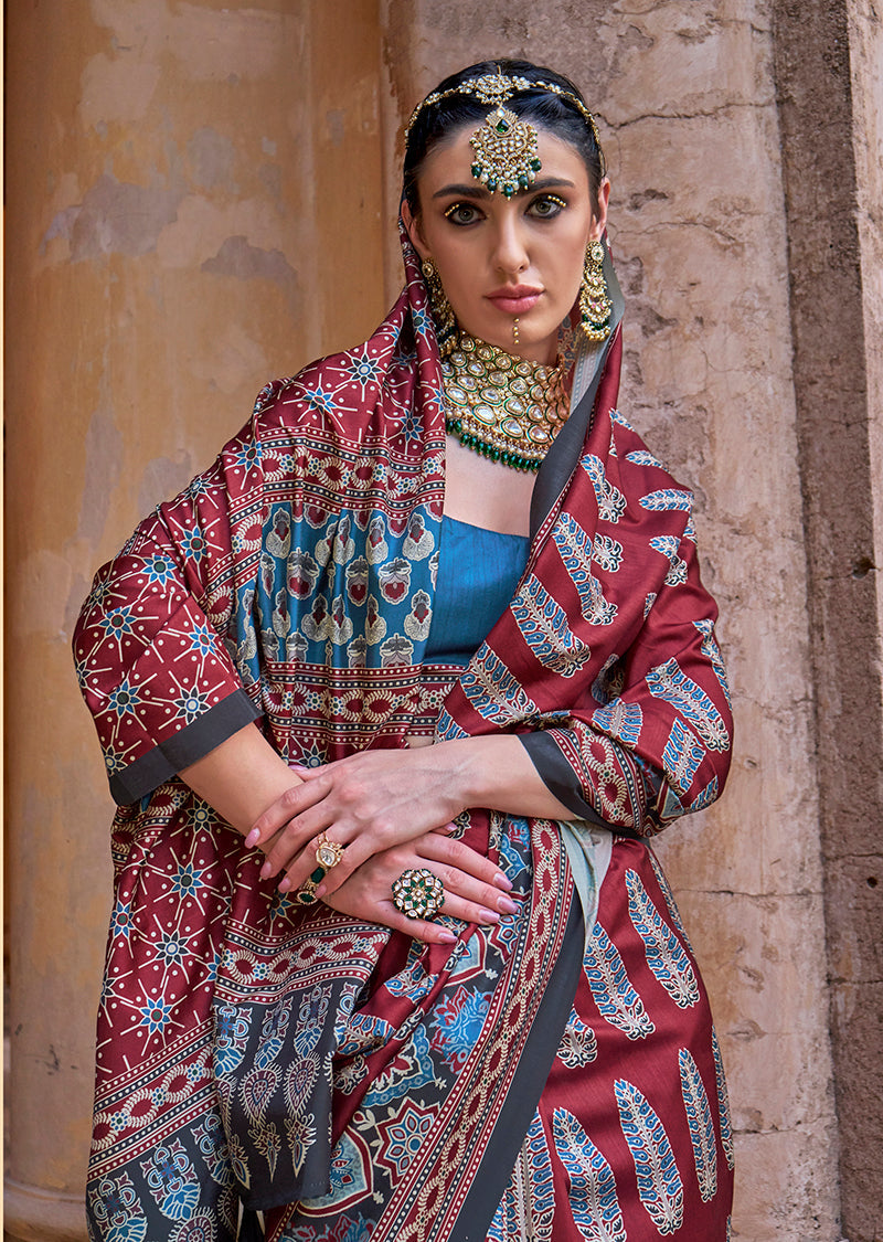 Monjolika Fashion Paisley Print Maroon Silk Blend Trendy Saree