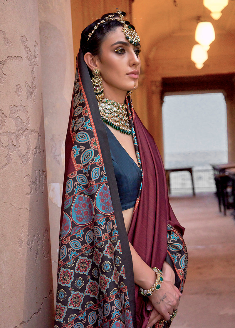 Monjolika Fashion Paisley Print Maroon Silk Blend Trendy Saree