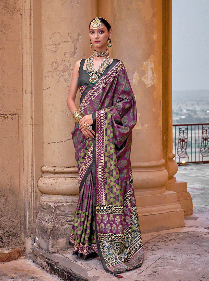 Monjolika Fashion Silk Blend Block Print Traditional Saree in Purple