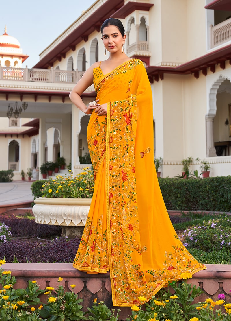 Monjolika Fashion Yellow Printed Georgette Contemporary Saree - Distacart