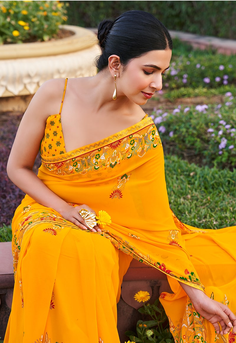 Monjolika Fashion Yellow Printed Georgette Contemporary Saree - Distacart