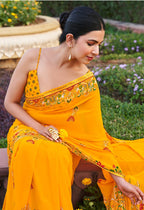 Monjolika Fashion Yellow Printed Georgette Contemporary Saree - Distacart