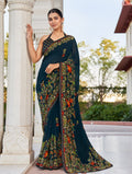 Monjolika Fashion Navy Blue Printed Georgette Contemporary Saree - Distacart
