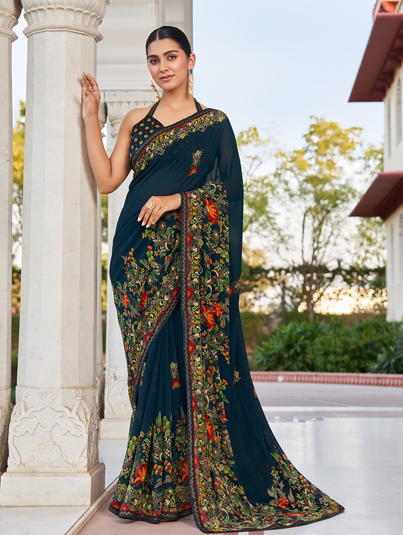 Monjolika Fashion Navy Blue Printed Georgette Contemporary Saree - Distacart