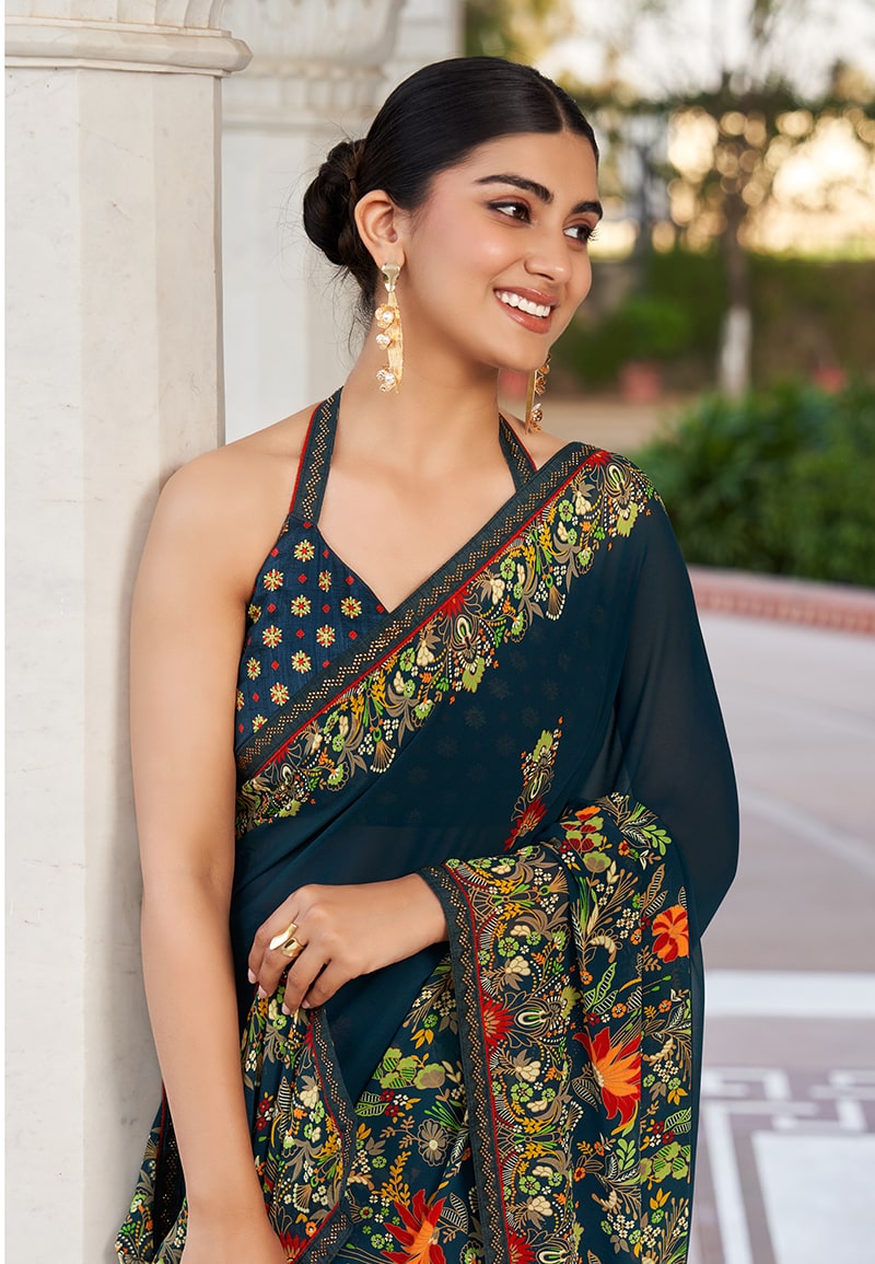 Monjolika Fashion Navy Blue Printed Georgette Contemporary Saree - Distacart