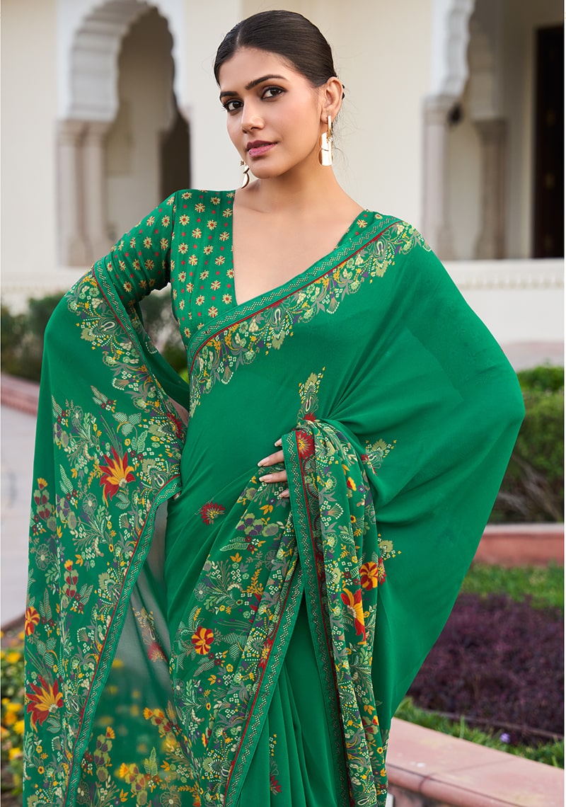 Monjolika Fashion Green Printed Georgette Contemporary Saree - Distacart