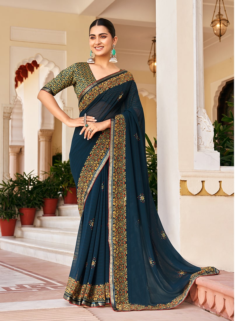 Monjolika Fashion Navy Blue Georgette Printed Festival Desginer Trendy Saree - Distacart