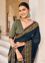Monjolika Fashion Navy Blue Georgette Printed Festival Desginer Trendy Saree - Distacart