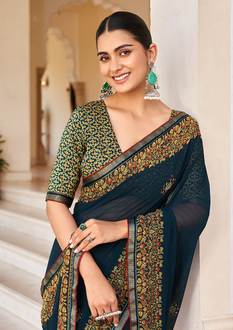Monjolika Fashion Navy Blue Georgette Printed Festival Desginer Trendy Saree - Distacart