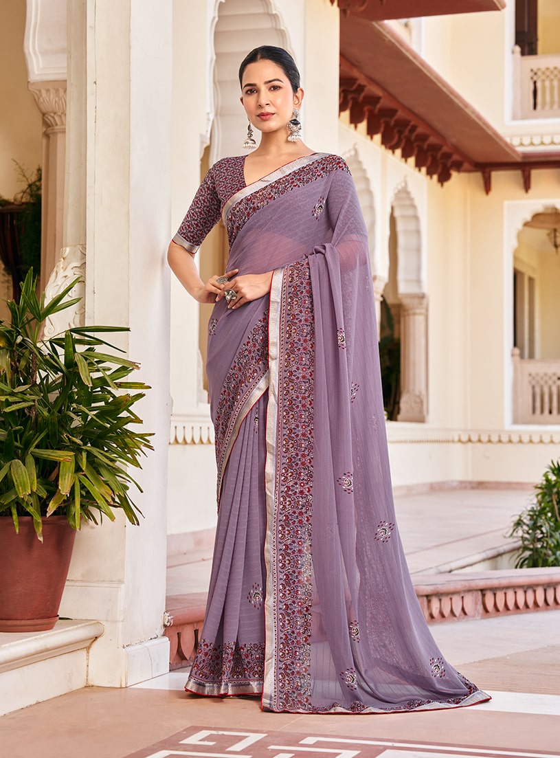 Monjolika Fashion Lilac Georgette Printed Festival Desginer Trendy Saree - Distacart