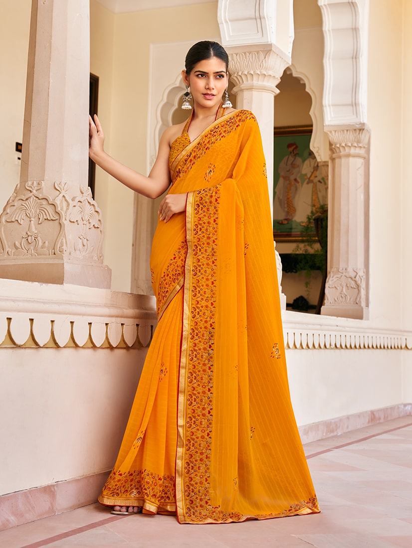 Monjolika Fashion Orange Georgette Printed Festival Desginer Trendy Saree - Distacart