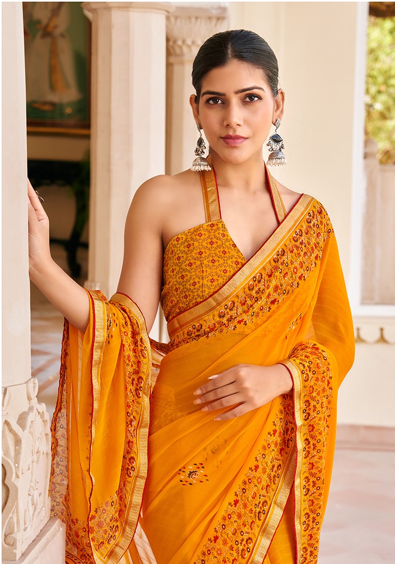 Monjolika Fashion Orange Georgette Printed Festival Desginer Trendy Saree - Distacart