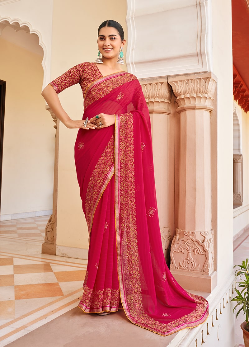 Monjolika Fashion Rani Pink Georgette Printed Festival Desginer Trendy Saree - Distacart