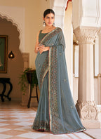 Monjolika Fashion Grey Georgette Printed Festival Desginer Trendy Saree - Distacart