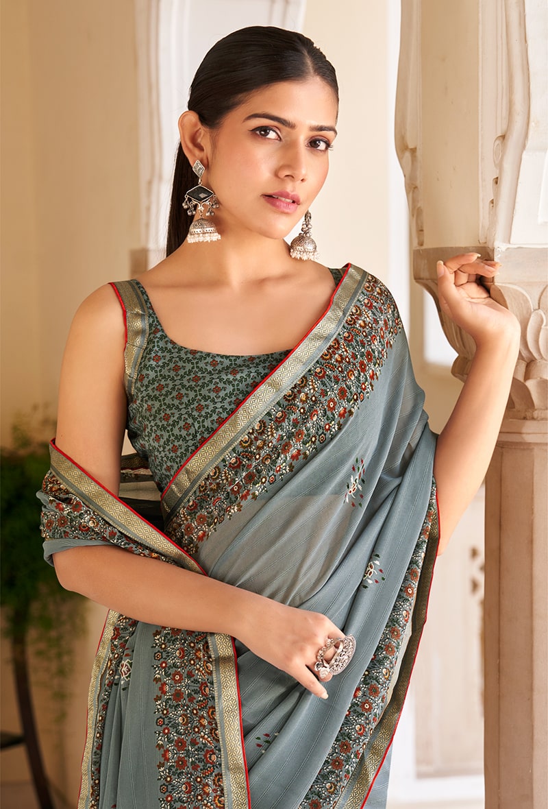 Monjolika Fashion Grey Georgette Printed Festival Desginer Trendy Saree - Distacart