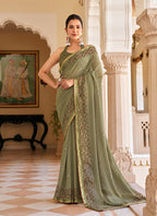 Monjolika Fashion Sage Green Georgette Printed Festival Desginer Trendy Saree - Distacart