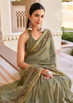Monjolika Fashion Sage Green Georgette Printed Festival Desginer Trendy Saree - Distacart