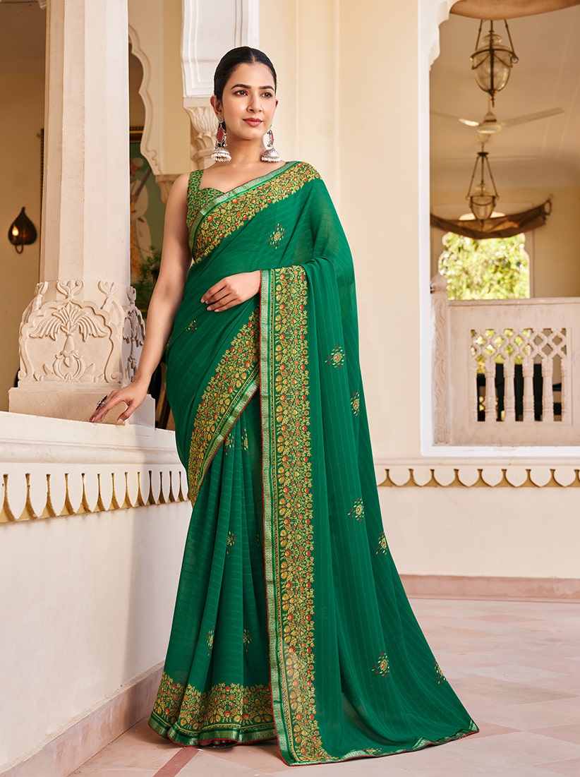 Monjolika Fashion Green Georgette Printed Festival Desginer Trendy Saree - Distacart