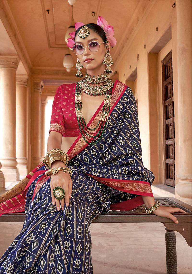 Monjolika Fashion Navy Blue Silk Blend Patola Print Classic Saree - Distacart