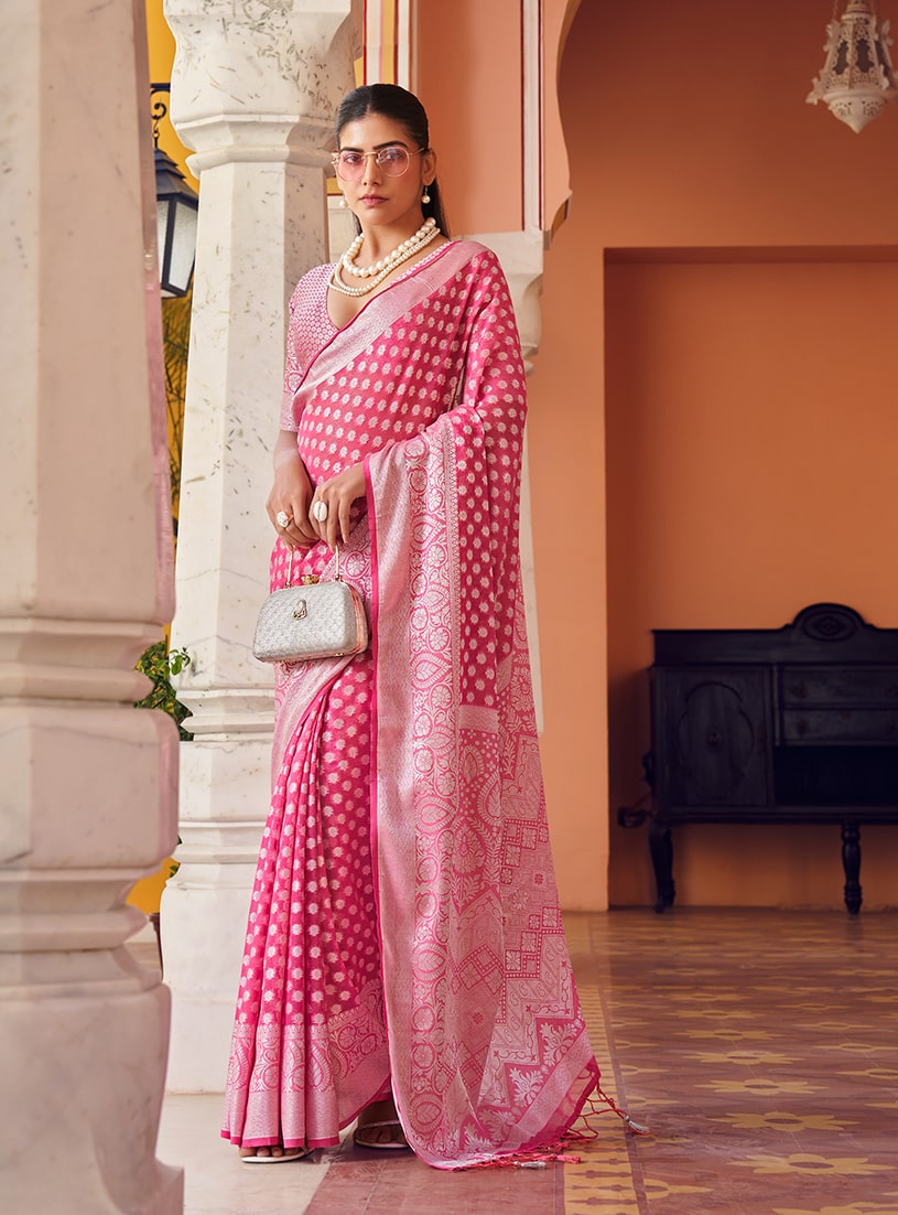 Monjolika Fashion Pink Weaving Georgette Party Contemporary Saree - Distacart