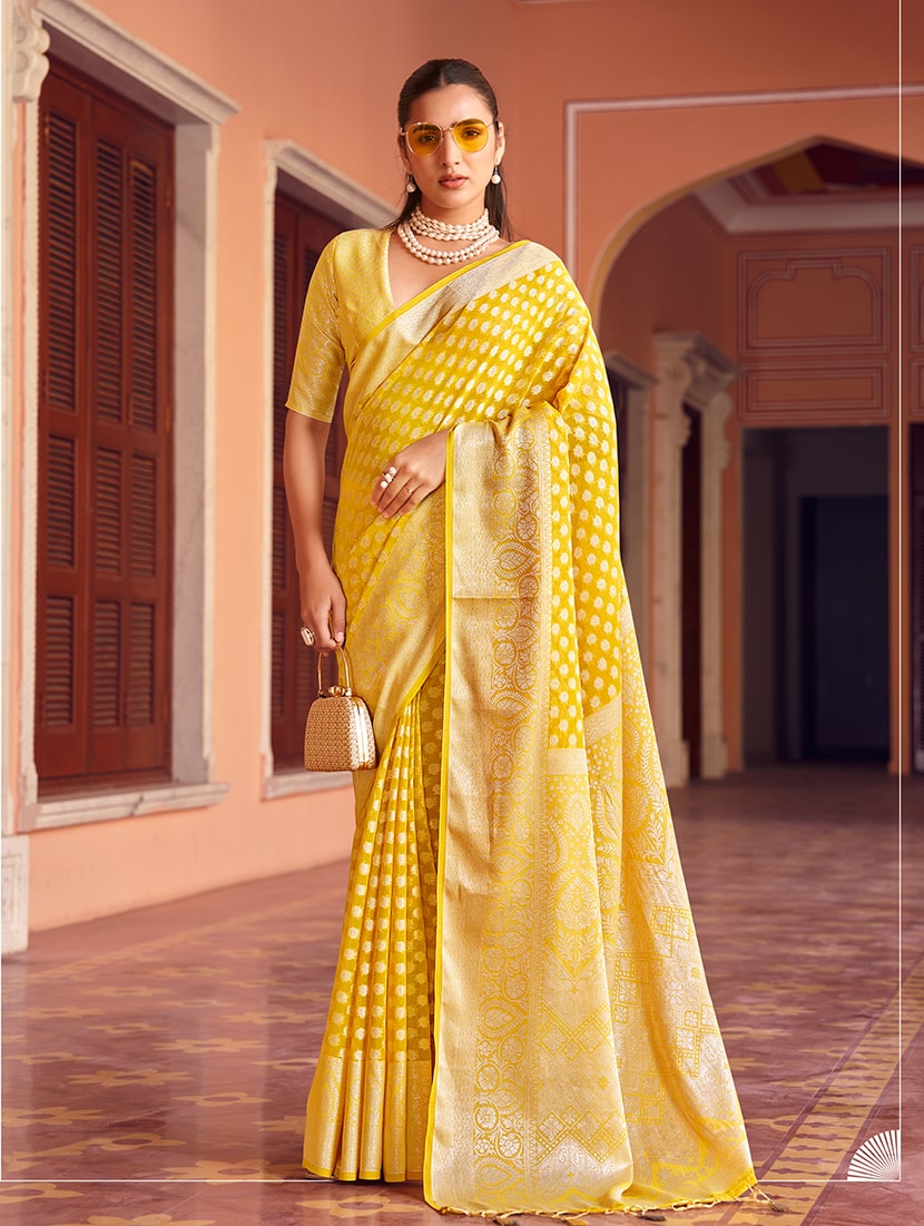 Monjolika Fashion Yellow Weaving Georgette Party Contemporary Saree - Distacart
