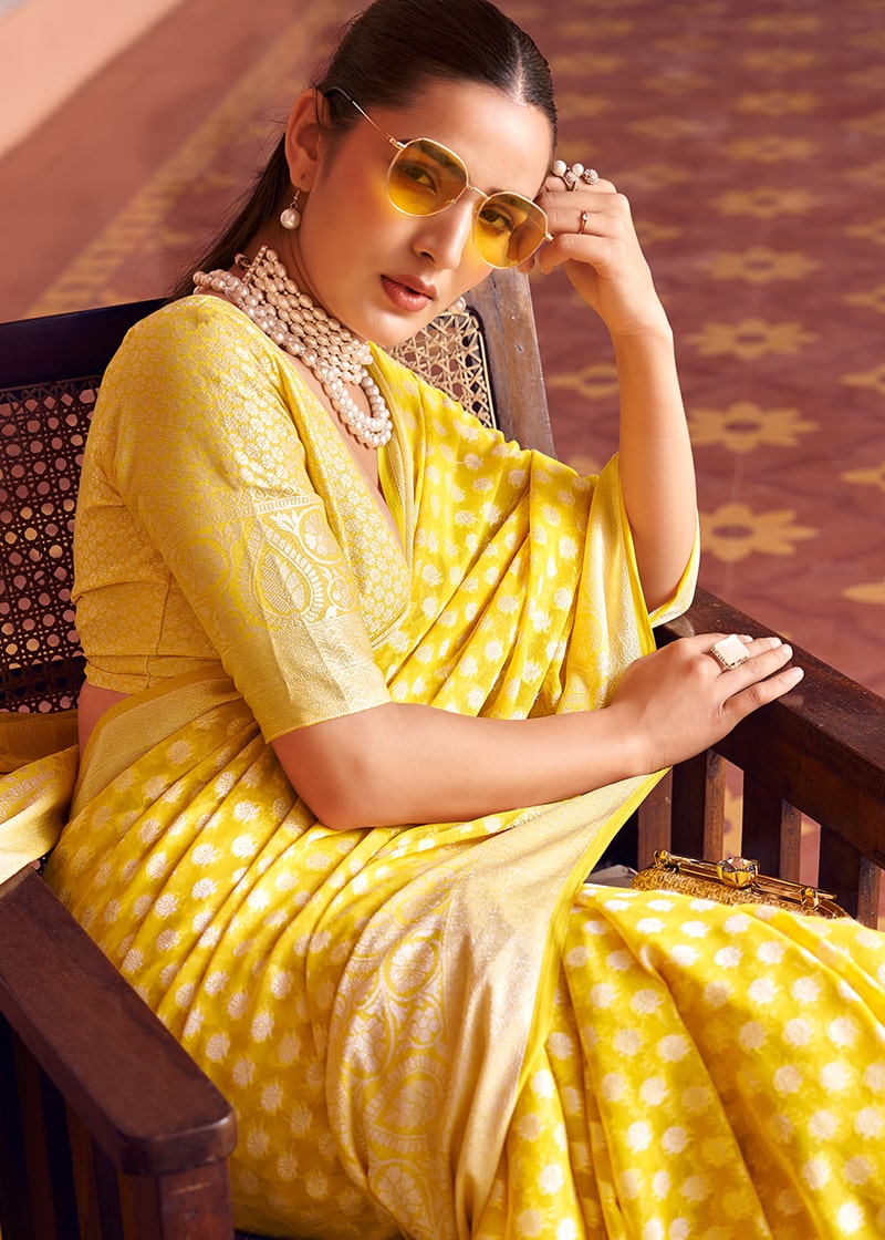 Monjolika Fashion Yellow Weaving Georgette Party Contemporary Saree - Distacart