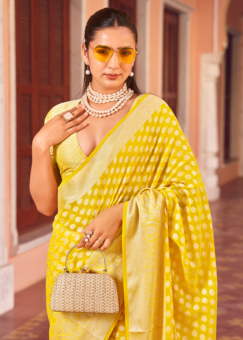 Monjolika Fashion Yellow Weaving Georgette Party Contemporary Saree - Distacart
