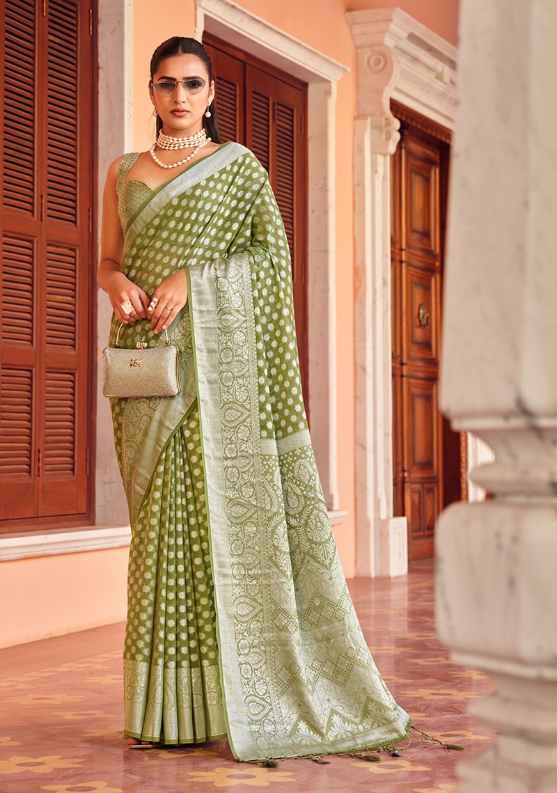 Monjolika Fashion Olive Green Weaving Georgette Party Contemporary Saree - Distacart