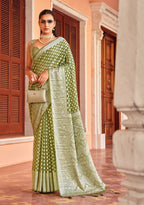 Monjolika Fashion Olive Green Weaving Georgette Party Contemporary Saree - Distacart