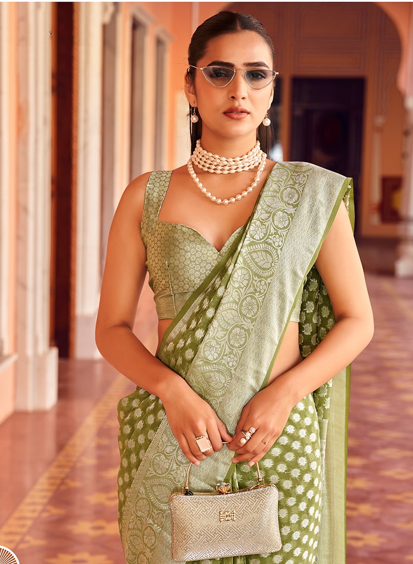 Monjolika Fashion Olive Green Weaving Georgette Party Contemporary Saree - Distacart