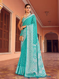 Monjolika Fashion Turquoise Weaving Georgette Party Contemporary Saree - Distacart