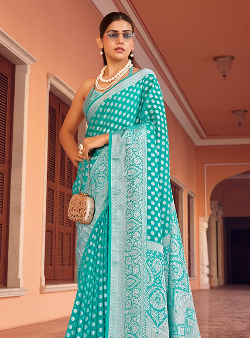 Monjolika Fashion Turquoise Weaving Georgette Party Contemporary Saree - Distacart