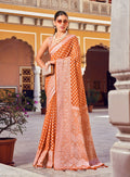 Monjolika Fashion Orange And Rust Weaving Georgette Party Contemporary Saree - Distacart