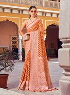 Monjolika Fashion Orange And Rust Weaving Georgette Party Contemporary Saree - Distacart