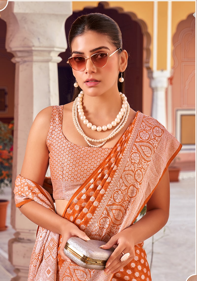 Monjolika Fashion Orange And Rust Weaving Georgette Party Contemporary Saree - Distacart