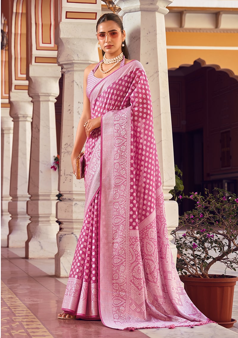 Monjolika Fashion Hot Pink Weaving Georgette Party Contemporary Saree - Distacart