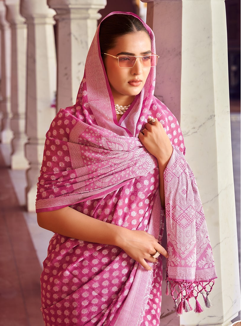 Monjolika Fashion Hot Pink Weaving Georgette Party Contemporary Saree - Distacart