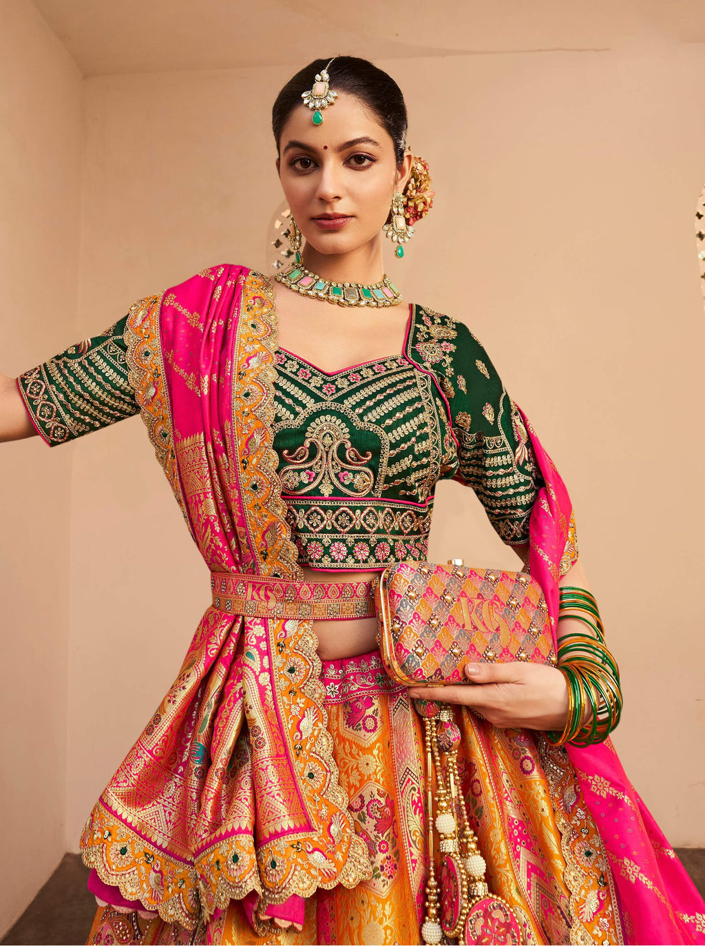 Monjolika Fashion Orange Banarasi Silk Diamond Wedding Trendy Lehenga Choli